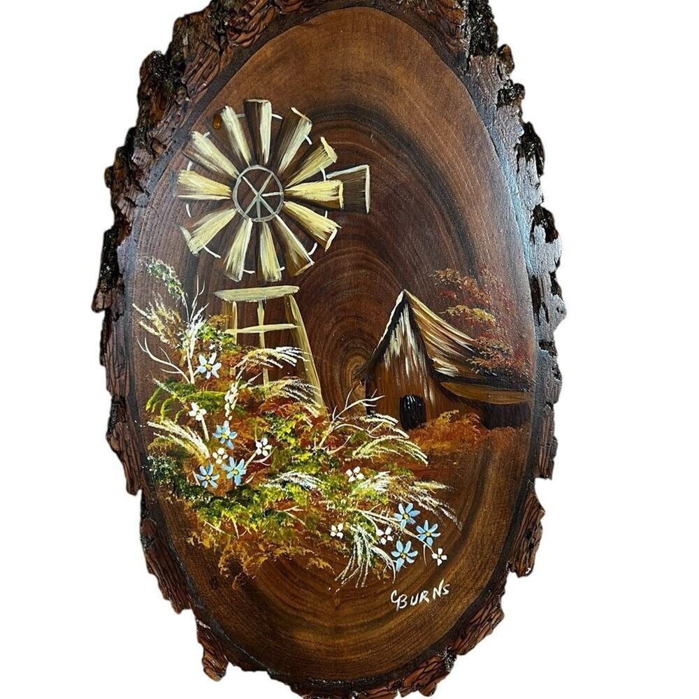 Hand Painted Live Edge Wooden Old Barn & Windmill